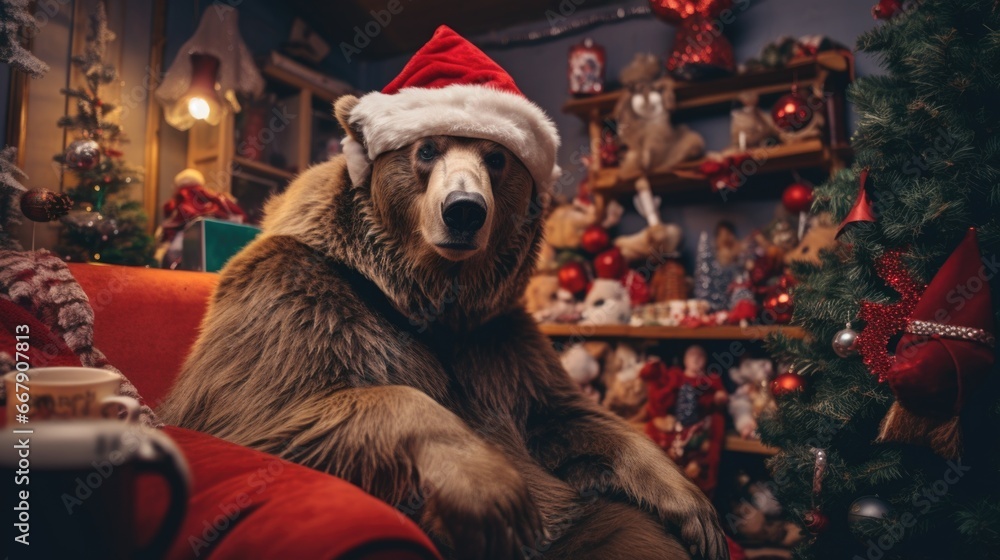 bear surrounded by Christmas decorations 