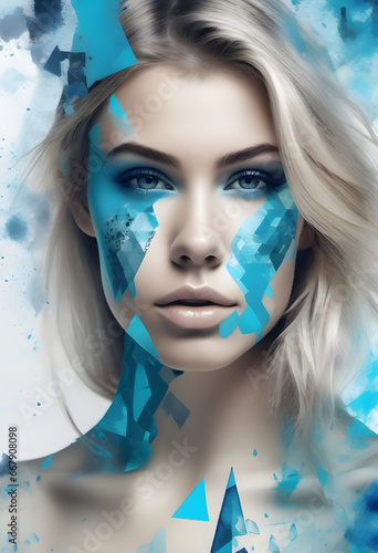 Illustration of woman portrait with blue triangular random pattern on and around the portrait model illustration. 