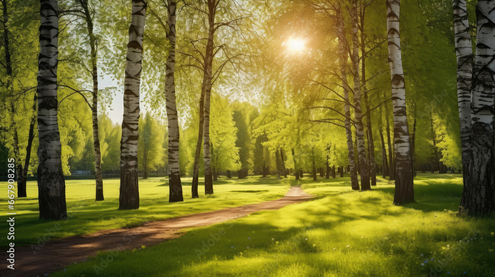 Broad sunbeams streaming through the cypress trees on the lawn