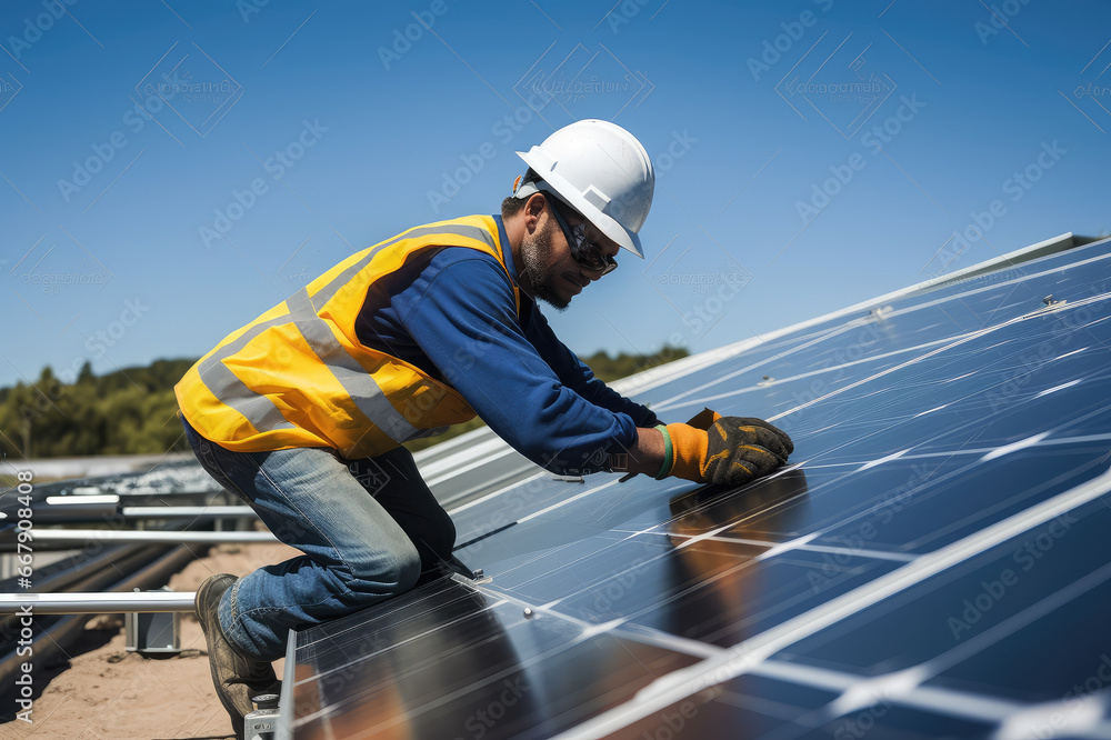A worker is installing and inspecting solar panels A worker is installing and inspecting solar panels