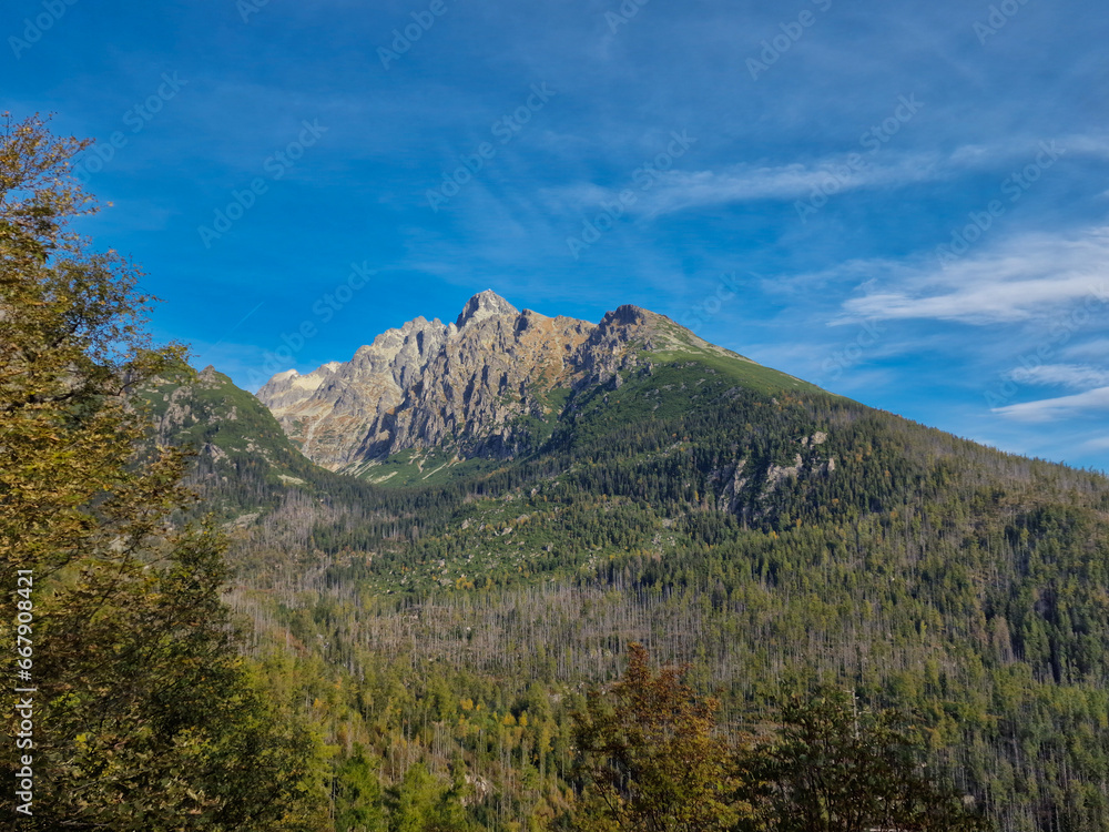 view of Lomnica Peak. walking trail Hrebienok, Stary Smokovec, High Tatras mountains. Slovakia view of Lomnica Peak. walking trail Hrebienok, Stary Smokovec, High Tatras mountains. Slovakia