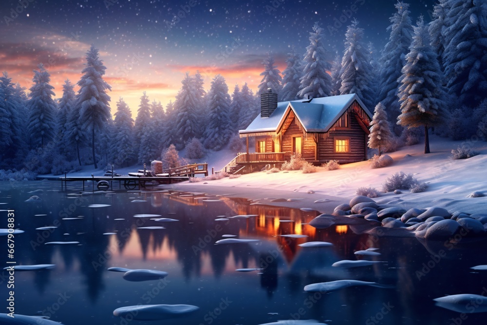 Fototapeta premium Beautiful winter landscape with snow covered trees and wooden house on lake. Winter landscape with wooden house on the bank of the river at night.