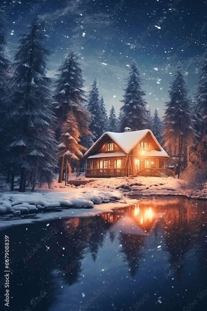Beautiful winter landscape with snow covered trees and wooden house on lake. Winter landscape with wooden house on the bank of the river at night.