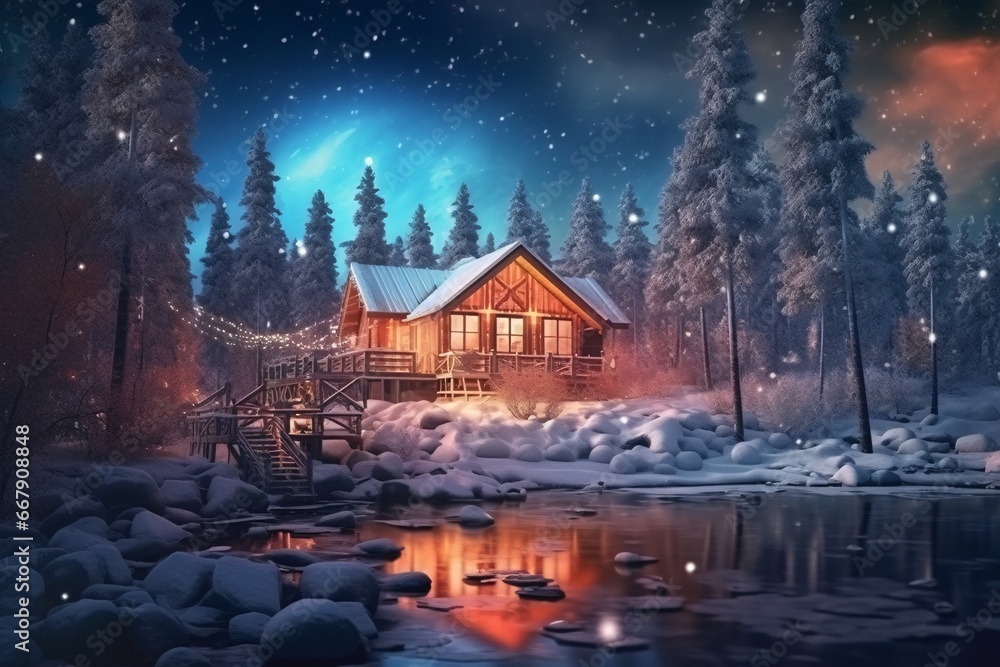 Fototapeta premium Beautiful winter landscape with snow covered trees and wooden house on lake. Winter landscape with wooden house on the bank of the river at night.