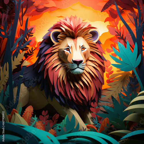 Vibrant 3D Paper Art  Majestic Lion in Colorful Scenery
