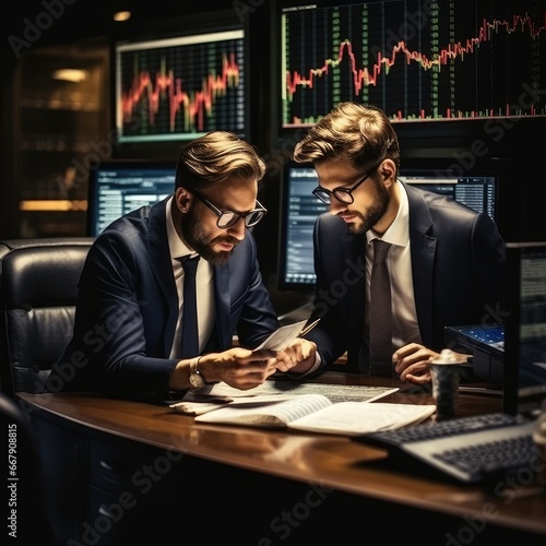 Two stockbrokers working in the office with a financial market photo