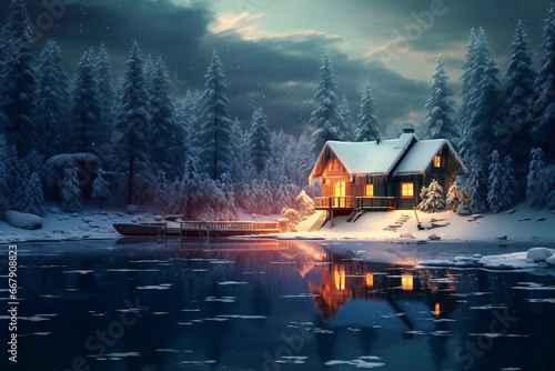 Beautiful winter landscape with snow covered trees and wooden house on lake. Winter landscape with wooden house on the bank of the river at night. © vachom