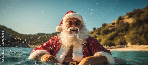 Santa Claus enjoying a fun summer vacation at the beach wearing sunglasses and flippers with a high quality photo to capture the moment photo