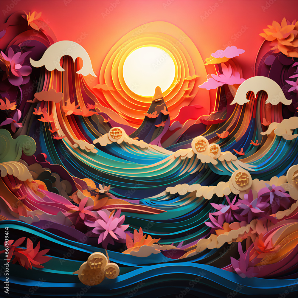 Vibrant Hues: 3D Paper Art Displaying Wave Scenery