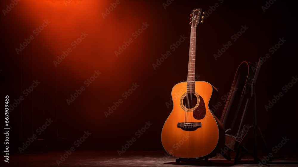 an acoustic guitar is seen on a stage, in the style of studio photography, poetcore, dark orange and dark beige - obrazy, fototapety, plakaty 