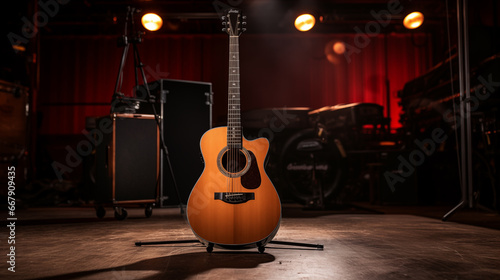 an acoustic guitar is seen on a stage, in the style of studio photography, poetcore, dark orange and dark beige
