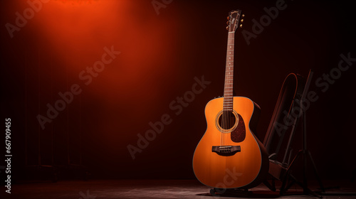 an acoustic guitar is seen on a stage, in the style of studio photography, poetcore, dark orange and dark beige photo