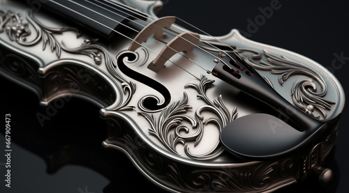 a 3d model of a violin with intricate carving on it, in the style of silver and gray