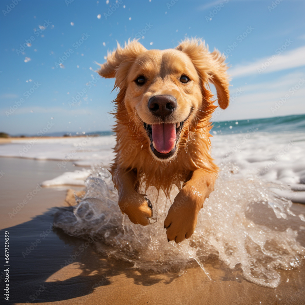 Fotografia con detalle de perro de tonos marrones de tonos marrones corriendo en una playa