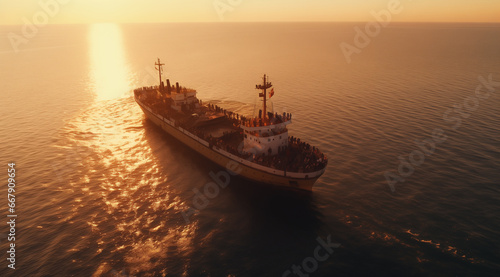 an aerial view of a ship coming into shore at sunset