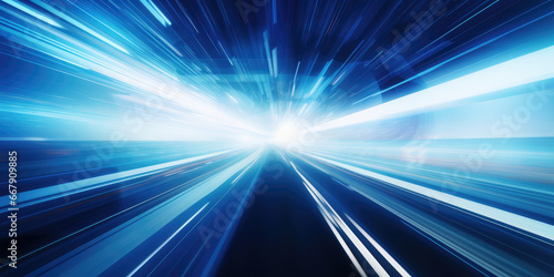Long exposure of blue car driving, light time tunnel