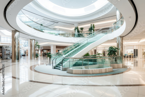 Clean and bright shopping mall interior design, elevators and stairs photo