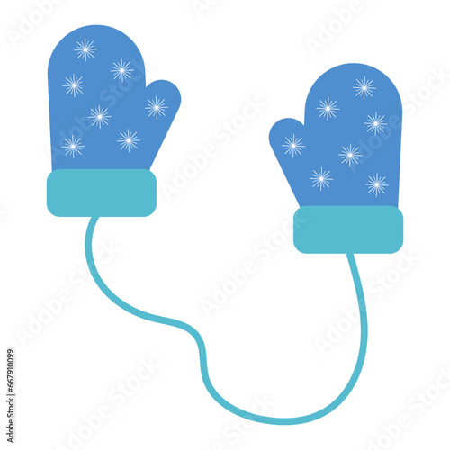 Blue mittens decorated with snowflakes. Winter accessory. Minimalism, flat style