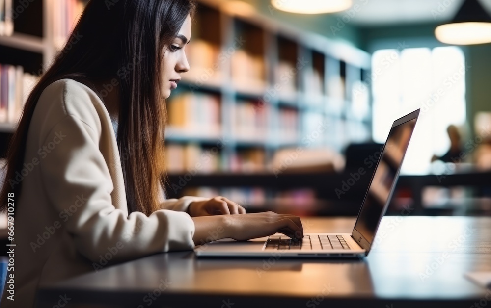 Young student woman studying with laptop in the school library, learning online Young student woman studying with laptop in the school library, learning online