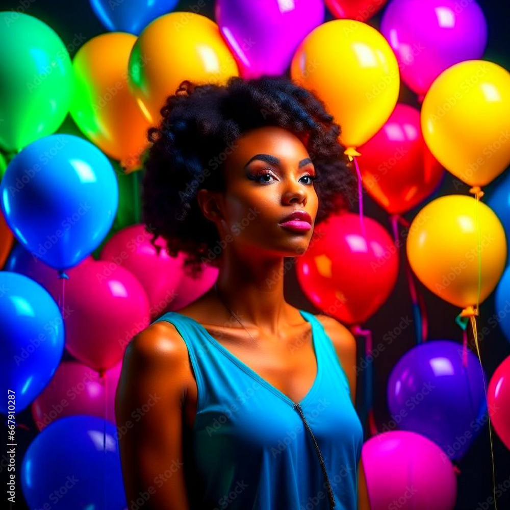 Obraz premium A beautiful dark-skinned woman stands amidst a large number of multicolored balloons