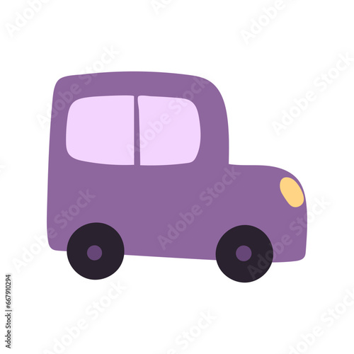 Cute truck. Purple car. Cartoon toy car. Flat cartoon illustration. Design for children. Primitive creativity. 