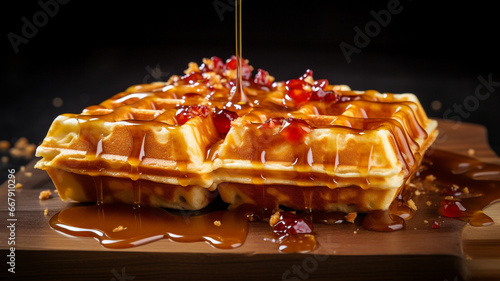 Mouthwatering Belgian waffles drizzled with maple syrup. Generative AI