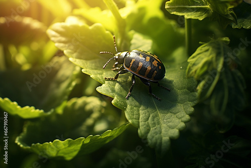 A tiny flea beetle hopping between garden plants photo