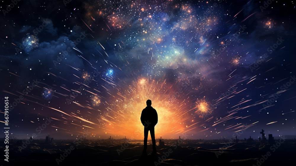 Image of a man standing with his back against the background of the night sky with fireworks. Generative AI