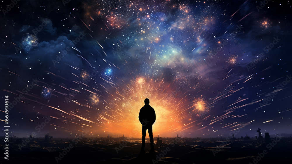 Image of a man standing with his back against the background of the night sky with fireworks. Generative AI Image of a man standing with his back against the background of the night sky with fireworks. Generative AI