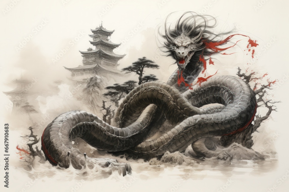 Serpentine naga, possessing both human and snake-like features, with vast wisdom - Generative AI Serpentine naga, possessing both human and snake-like features, with vast wisdom - Generative AI