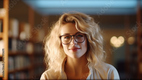 a blonde girl with glasses im a library