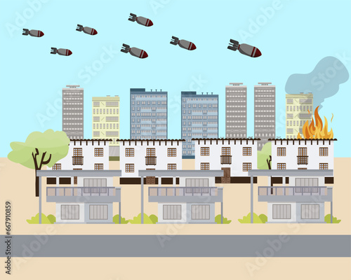 City under missle attack. Israel palestine war. Bombs flying to the town. Fire and destruction of the house. Vector illustration.