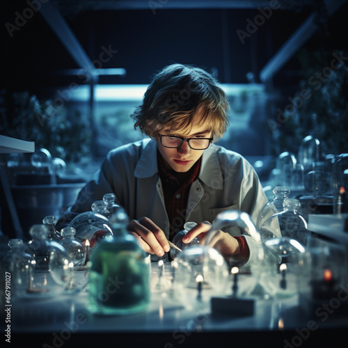 Fotografia con detalle de joven cientifico trabajando en un laboratorio