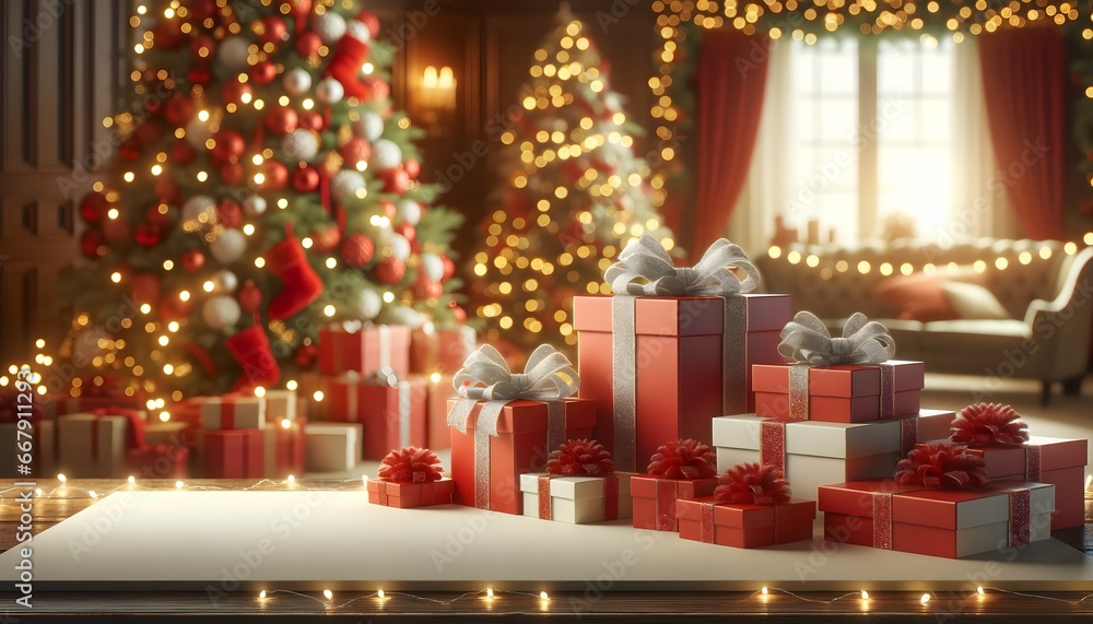 Red gift boxes stacked elegantly on the left, with a festive living room adorned with sparkling lights and a decorated Christmas tree in the background. Red gift boxes stacked elegantly on the left, with a festive living room adorned with sparkling lights and a decorated Christmas tree in the background.