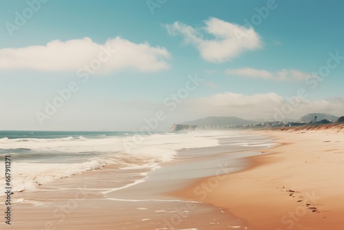 Seascape with an empty beach and beautiful blue water. Vacation  travel  beach holiday concept. Generated by artificial intelligence