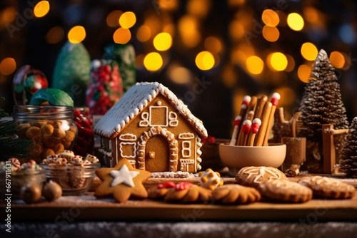 Christmas gingerbread houses on wooden table with bokeh background.. Pastries in the form of houses. Festive scene with holiday pastries. Christmas and New Year background. 