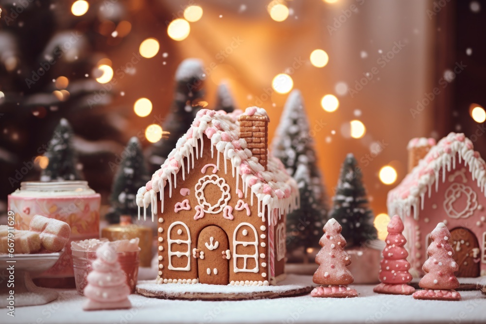 Christmas gingerbread houses on wooden table with bokeh background.. Pastries in the form of houses. Festive scene with holiday pastries. Christmas and New Year background.
Christmas gingerbread houses on wooden table with bokeh background.. Pastries in the form of houses. Festive scene with holiday pastries. Christmas and New Year background.