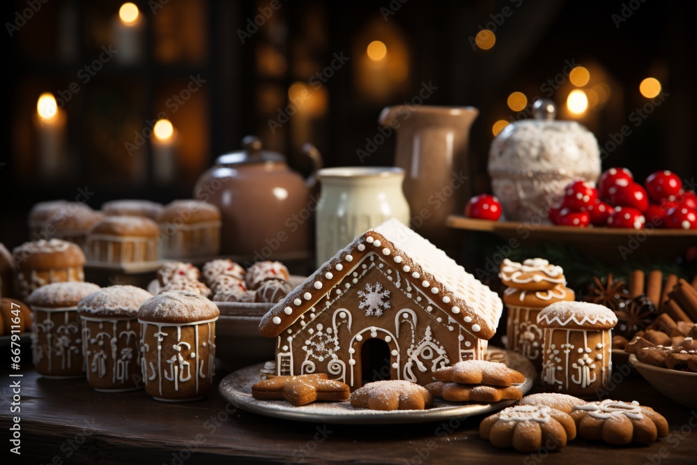 Christmas gingerbread houses on wooden table with bokeh background.. Pastries in the form of houses. Festive scene with holiday pastries. Christmas and New Year background.
