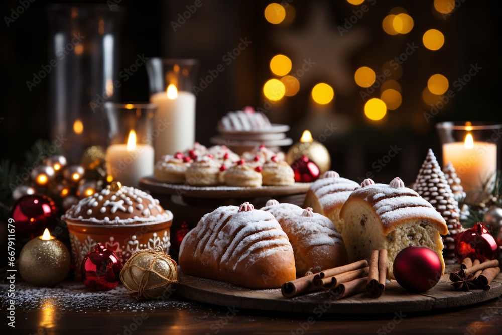 Christmas cookies on a wooden table with candles in the background. Selective focus. Holiday.