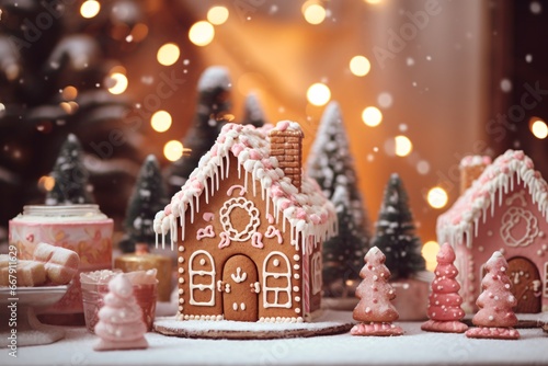 Christmas gingerbread houses on wooden table with bokeh background.. Pastries in the form of houses. Festive scene with holiday pastries. Christmas and New Year background. 