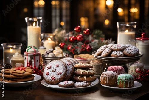 Christmas cookies on a wooden table with candles in the background. Selective focus. Holiday.