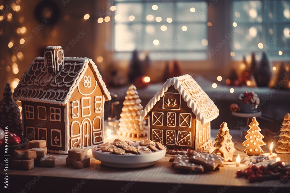 Christmas gingerbread houses on wooden table with bokeh background.. Pastries in the form of houses. Festive scene with holiday pastries. Christmas and New Year background.
Christmas gingerbread houses on wooden table with bokeh background.. Pastries in the form of houses. Festive scene with holiday pastries. Christmas and New Year background.