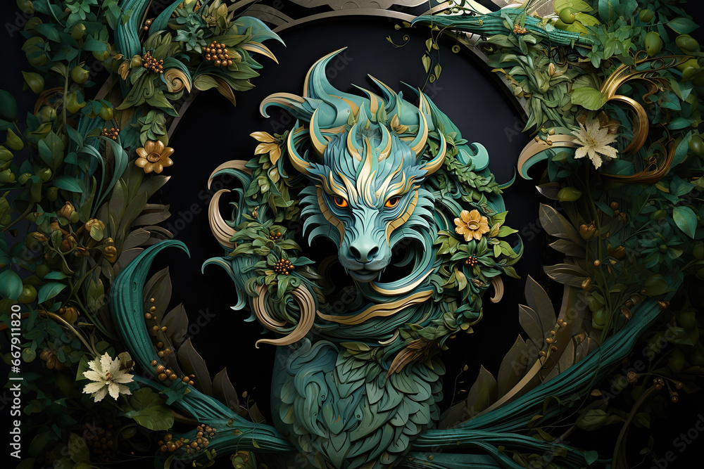 Carved green wooden dragon amulet with flowers on dark background