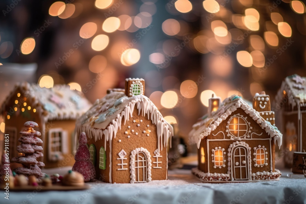 Christmas gingerbread houses on wooden table with bokeh background.. Pastries in the form of houses. Festive scene with holiday pastries. Christmas and New Year background.
