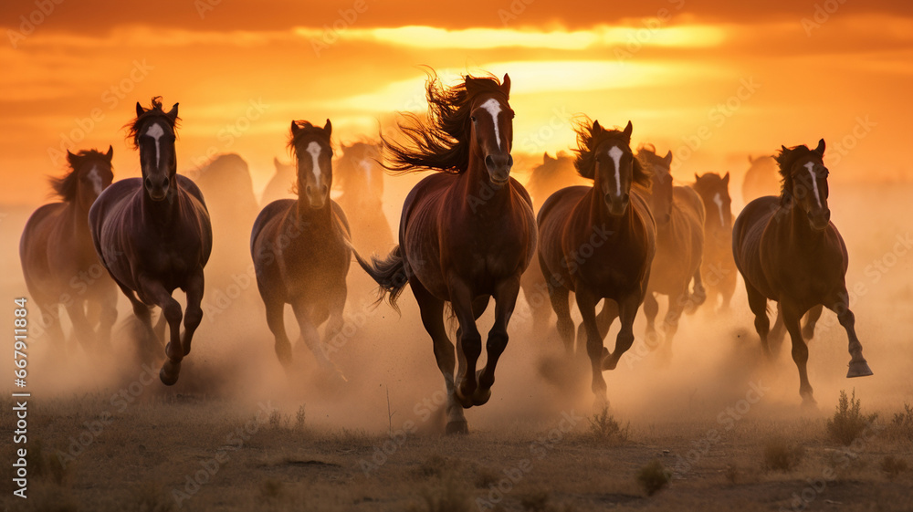Fototapeta premium beautiful wild horses running in the field at sunset