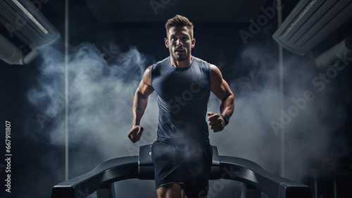Athletic man running on treadmill in gym. Generative AI 