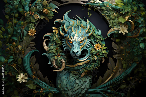 Carved green wooden dragon amulet with flowers on dark background © sommersby