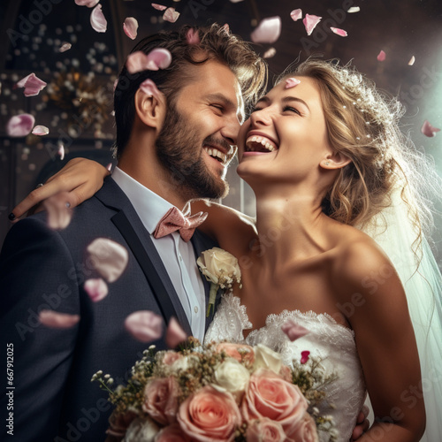 Fotografia con detalle de pareja de recien casados alegres y sonrientes en su dia de boda photo