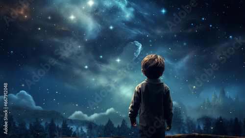 little boy under the starry sky