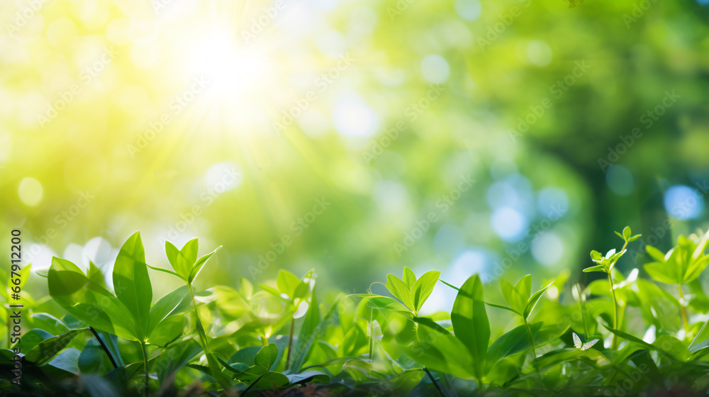 Green leaves against blurred sunny background, ecology concept - generative AI Green leaves against blurred sunny background, ecology concept - generative AI